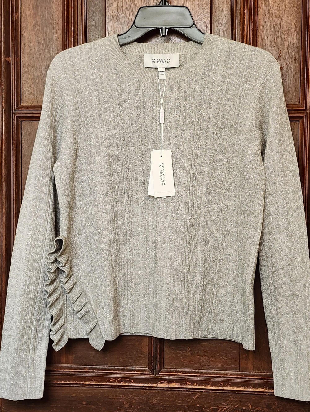 NWT Derek Lam 10 Crosby Metallic Ruffle Knit Sweater- Light Grey-Large-$395.00